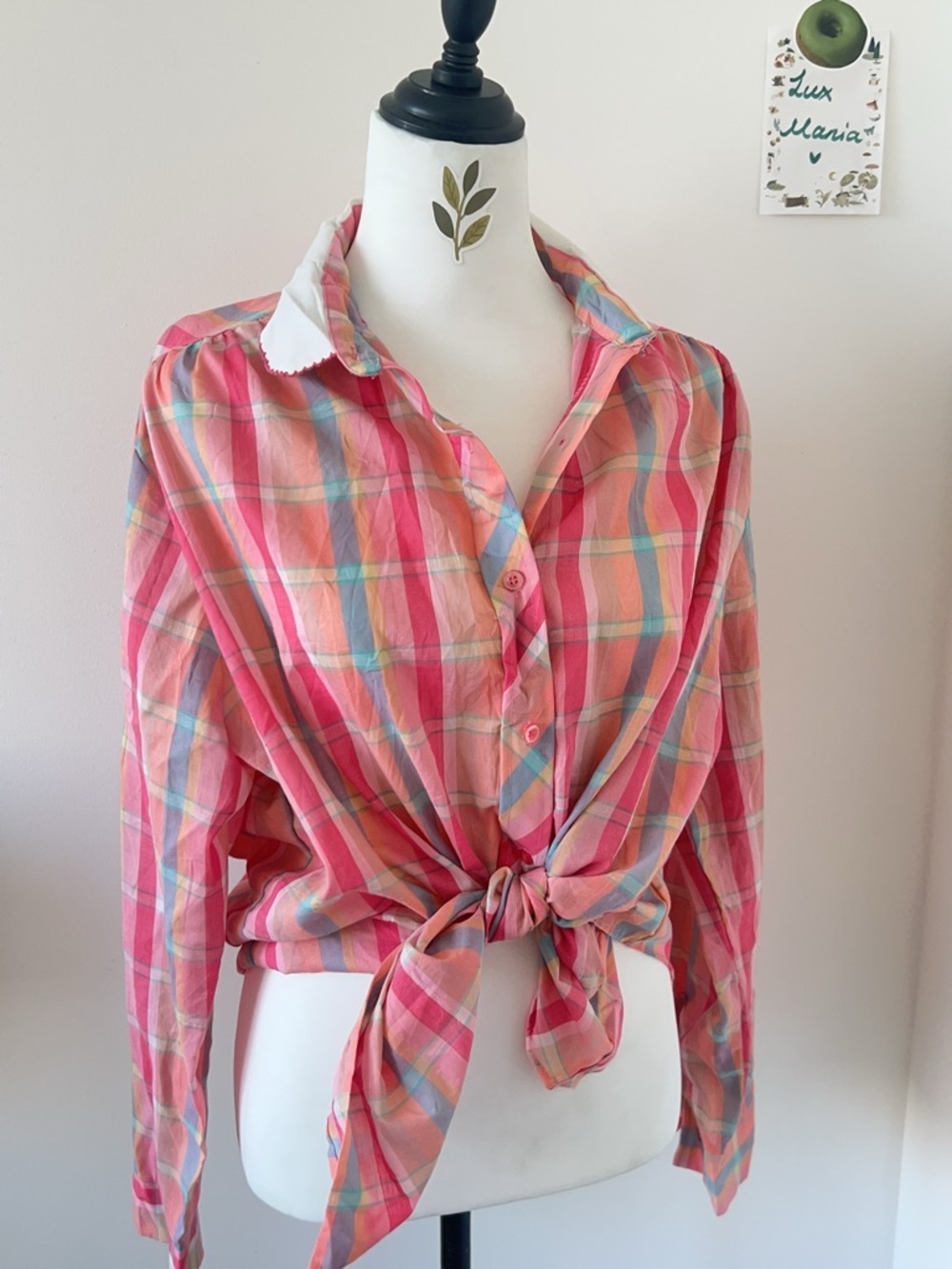 Vintage Made in USA Pink Coral Plaid Button Up Shirt M Tie Front Preppy
